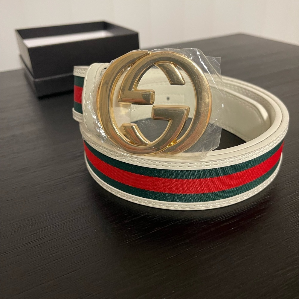 Green Red and White striped Belt with Gold Logo 42-44 men - Picture 1 of 9